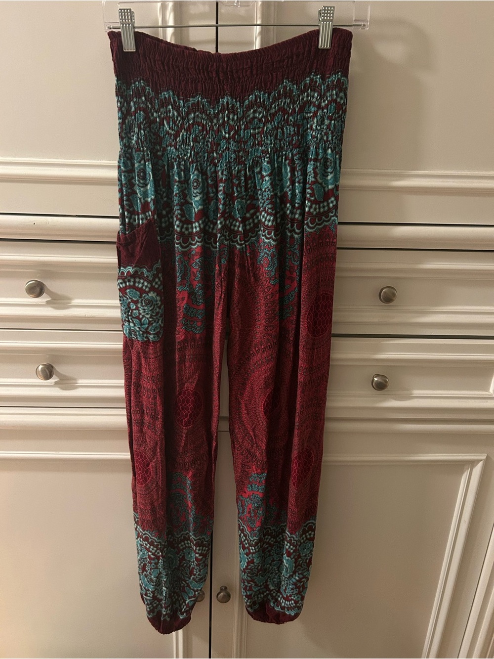 Boho Elastic Waist Printed Harem Pants in Burgundy and Teal